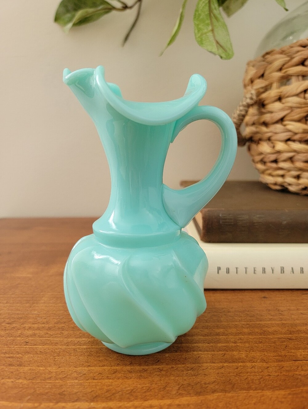 Vintage Fenton Wave Crest Turquoise/Aqua Glass Jug Pitcher Vase
